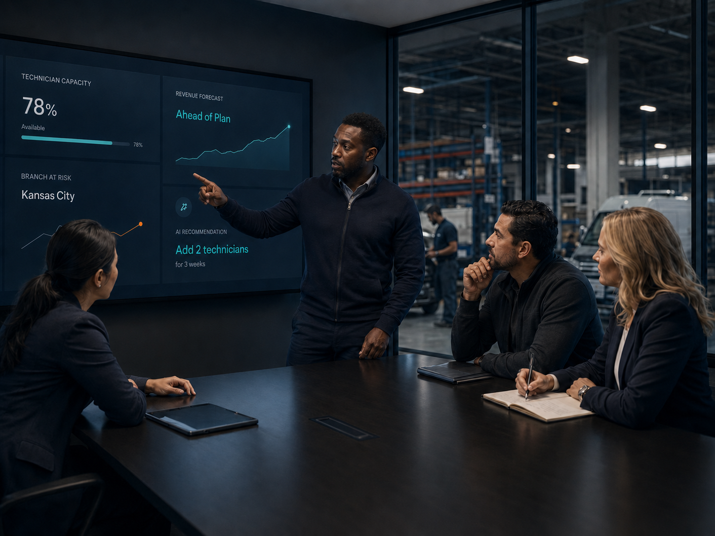 Service business executives reviewing an operational intelligence dashboard in a boardroom